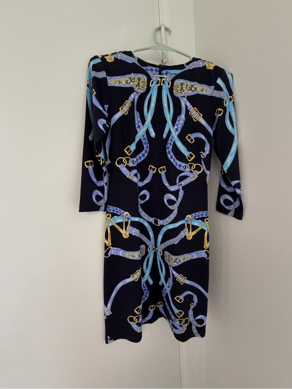 J. McLaughlin Navy Sheath Dress with Aqua and Gold Chain Print
